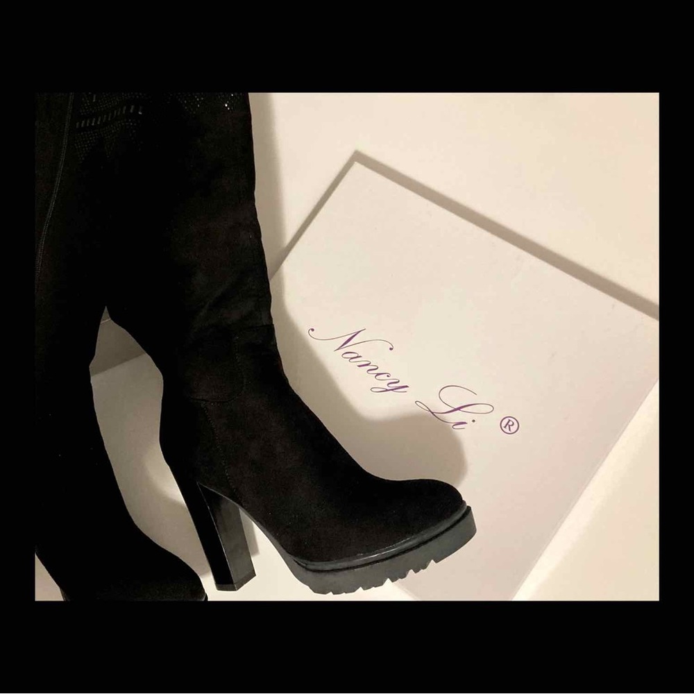 Nancy Li Women’s Black Embellished Over the Knee Heeled Boots “8”